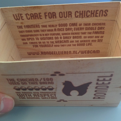 KLM sandwich box on flight from TXL to AMS with note 'The chicken /
egg used on this bread are raised and produced with respect for animal
welfare.' KLM sandwich box on flight from TXL to AMS with note 'The chicken /
egg used on this bread are raised and produced with respect for animal
welfare.'